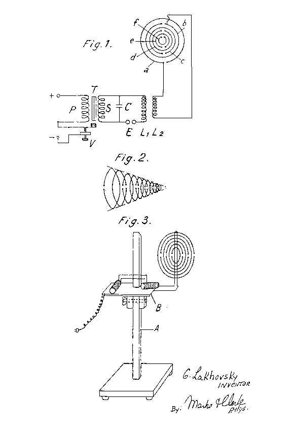 Patent drawing of Lakhovsky's multiple wave oscillator concentric ring apparatus